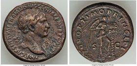 Trajan (AD 98-117). AE as (27mm, 13.73 gm, 7h). Choice VF. Rome, AD 103-111. IMP CAES NERVAE TRAIANO AVG GER DAC P M TR P COS V P P, laureate bust of ...