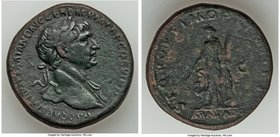 Trajan (AD 98-117). AE sestertius (31mm, 25.49 gm, 7h). VF. Rome, ca. AD 112-113. IMP CAES NERVAE TRAIANO AVG GER DAC P M TR P COS VI P P, laureate he...