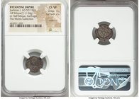 Justinian I the Great (AD 527-565). AR siliqua or half-siliqua (15mm, 1.24 gm, 5h). NGC Choice VF 4/5 - 2/5, scratches. Carthage, AD 533-537. D N IVST...