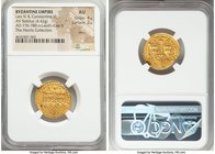 Leo IV the Khazar (AD 775-780), with Constantine VI, Leo III, and Constantine V. AV solidus (21mm, 4.42 gm, 6h). NGC AU 4/5 - 2/5, marks. Constantinop...