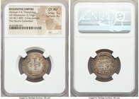 Michael II the Amorion (AD 820-829), with Theophilus. AR miliaresion (23mm, 2.10 gm, 12h). NGC Choice AU 5/5 - 4/5. Constantinople, AD 821-829. IhSЧS ...