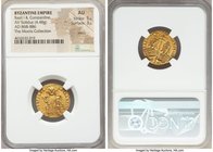 Basil I the Macedonian (AD 867-886), with Constantine. AV solidus (19mm, 4.48 gm, 7h). NGC AU 5/5 - 3/5, marks. Constantinople, AD 870-871. + IhS XPS ...