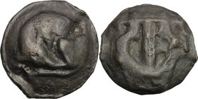 Greek Italy. Umbria, Tuder. AE Cast Semis, c. 220-200 BC. D/ Sleeping dog; above, [tutere]. R/ Lyre; in left field, crescent. HN Italy 46; Vecchi ICC ...