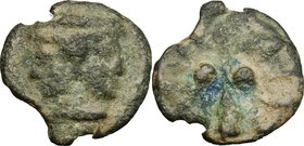 Greek Italy. Etruria, Volaterrae. Club series. AE Cast Sextans, 3rd century BC. D/ Janiform head, beardless, wearing pointed cap. R/ Club; in field, t...