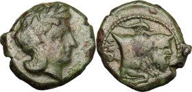 Greek Italy. Central and Southern Campania, Neapolis. AE 16 mm. 325-320 BC. D/ Laureate head of Apollo right. R/ NEO [ ]. Forepart of man-faced bull r...