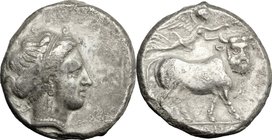 Greek Italy. Central and Southern Campania, Neapolis. AR Didrachm, c. 320-300 BC. D/ Diademed head of nymph right, wearing triple-pendant earring and ...