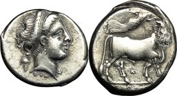 Greek Italy. Central and Southern Campania, Neapolis. AR Didrachm, 320-300 BC. D/ Diademed head of nymph right; behind, grape bunch; below, ΣTA; befor...