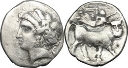 Greek Italy. Central and Southern Campania, Neapolis. AR Didrachm, c. 275-250 BC. D/ Diademed head of nymph left; symbol to right. R/ Man-headed bull ...