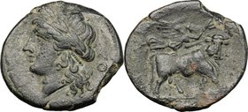 Greek Italy. Central and Southern Campania, Neapolis. AE 21 mm. 275-250 BC. D/ [NEOΠOΛITΩN]. Laureate head of Apollo left; to right, O. R/ Man-headed ...