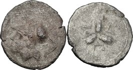 Greek Italy. Northern Apulia, Arpi. AR debased (?) Triobol, 3rd century BC. D/ Helmeted head of Athena left. R/ AP-Π-A. Three barley-ears conjoined at...