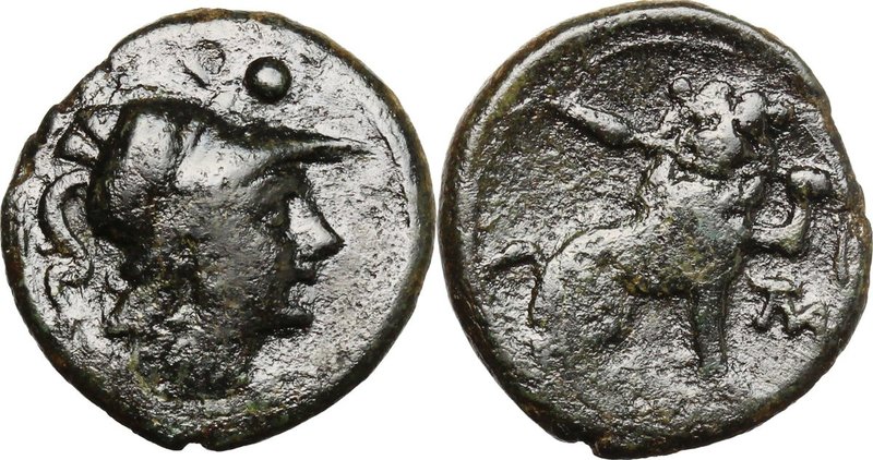 Greek Italy. Southern Apulia, Mateolum. AE Sextans, c. 210-150 BC. D/ Helmeted h...