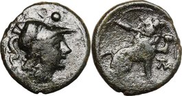 Greek Italy. Southern Apulia, Mateolum. AE Sextans, c. 210-150 BC. D/ Helmeted head of Athena right; above, two pellets. R/ Lion seated right, holding...