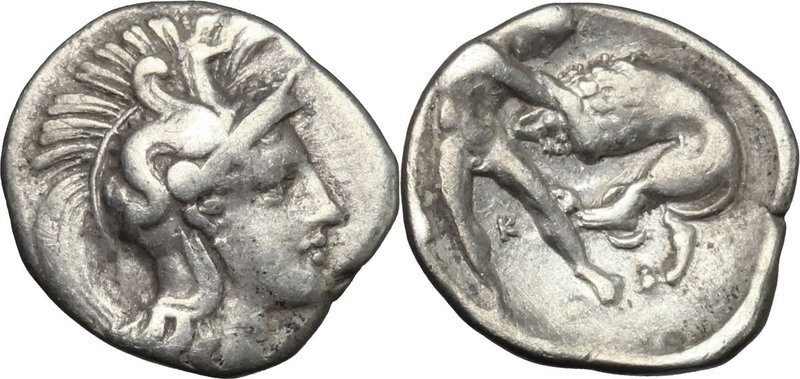 Greek Italy. Southern Apulia, Tarentum. AR Diobol, 380-325 BC. D/ Head of Athena...