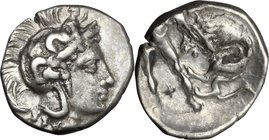 Greek Italy. Southern Apulia, Tarentum. AR Diobol, 380-325 BC. D/ Head of Athena right, wearing Attic helmet decorated with Scylla. R/ Herakles standi...