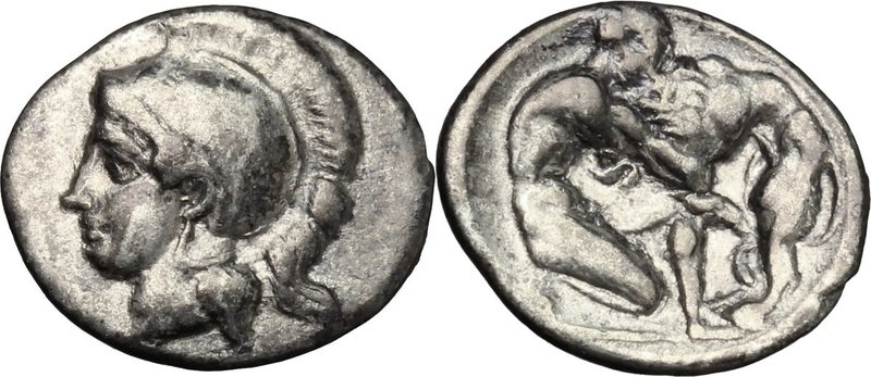 Greek Italy. Southern Apulia, Tarentum. AR Diobol, 325-280 BC. D/ Head of Athena...