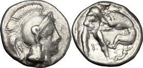 Greek Italy. Southern Apulia, Tarentum. AR Diobol, 325-280 BC. D/ Head of Athena right, wearing Attic helmet; Λ before eye. R/ Herakles standing right...