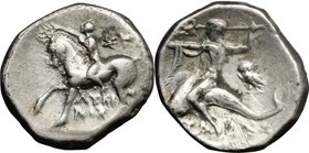 Greek Italy. Southern Apulia, Tarentum. AR Nomos, 280-272 BC, Lykinos and Su-
 magistrates. D/ Youth on horseback left, crowning horse with wreath; S...