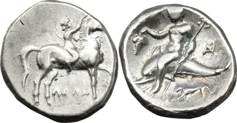 Greek Italy. Southern Apulia, Tarentum. AR Nomos, ca. 272-240 BC. D/ Youth on ho...