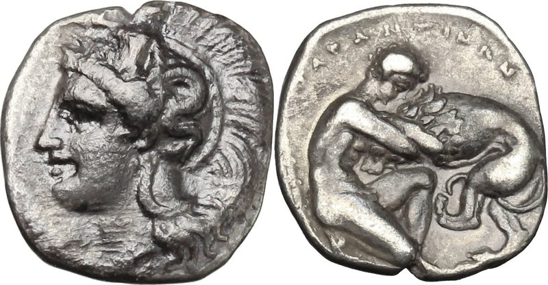 Greek Italy. Southern Apulia, Tarentum. AR Diobol, c. 280-228 BC. D/ Head of Ath...