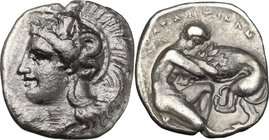 Greek Italy. Southern Apulia, Tarentum. AR Diobol, c. 280-228 BC. D/ Head of Athena left, wearing Attic helmet decorated with Scylla; letter (?) below...