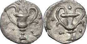 Greek Italy. Southern Apulia, Tarentum. AR Obol, c. 280-228 BC. D/ Kantharos; five pellets around. R/ Kantharos; five pellets around. HN Italy 1076. V...