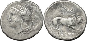 Greek Italy. Northern Lucania, Velia. AR Didrachm. Period VIII: Caduceus-Thunderbolt Group, c. 280 BC. D/ Head of Athena left wearing Attic helmet dec...