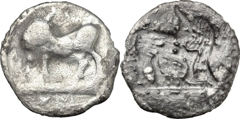 Greek Italy. Southern Lucania, Sybaris. AR Drachm, c. 550-510 BC. D/ Bull standi...