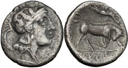 Greek Italy. Southern Lucania, Thurium. AR Diobol, c. 281-268 BC. D/ Head of Athena right wearing Attic helmet, decorated with Scylla. R/ Bull chargin...