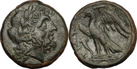 Greek Italy. Bruttium, Brettii. AE Unit, c. 214-211 BC. D/ Laureate head of Zeus right; [grain ear behind]. R/ BPET-TIΩN. Eagle standing left on thund...