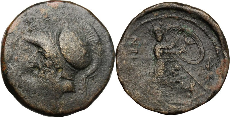 Greek Italy. Bruttium, Brettii. AE Double Unit, c. 208-203 BC. D/ Helmeted head ...