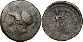 Greek Italy. Bruttium, Brettii. AE Double Unit, c. 208-203 BC. D/ Helmeted head of Ares left. R/ [BPET]TIΩ. Athena advancing right, holding shield; sp...