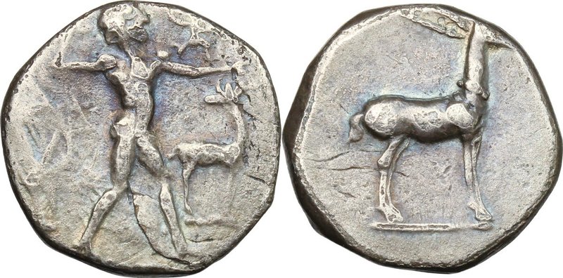 Greek Italy. Bruttium, Kaulonia. AR Stater, c. 475-425 BC. D/ Apollo advancing r...
