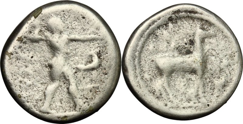 Greek Italy. Bruttium, Kaulonia. AR Nomos, c. 475-425 BC. D/ Apollo advancing ri...