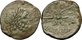 Greek Italy. Bruttium, Vibo Valentia. AE As, c. 193-150 BC. D/ Head of Jupiter right; behind, mark of value I. R/ VALENTIA. Winged thunderbolt; above,...