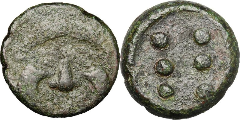 Sicily. Himera. AE Hemilitron, c. 425-409 BC. D/ Facing gorgoneion. R/ Six pelle...