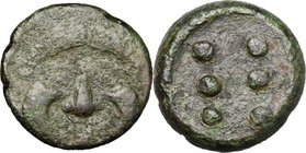 Sicily. Himera. AE Hemilitron, c. 425-409 BC. D/ Facing gorgoneion. R/ Six pellets (mark of value). CNS 23. Kraay, Bronze 1 a. AE. g. 19.88 mm. 26.00 ...