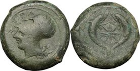 Sicily. Syracuse. Dionysos I (405-367 BC). AE Drachm, c. 380 BC. D/ ΣYPA. Helmeted head of Athena left. R/ Sea-star between two dolphins. CNS 62; SNG ...