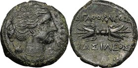 Sicily. Syracuse. Agathokles (317-289 BC). AE Litra, c. 295 BC. D/ ΣΩTEIPA. Head of Artemis Soteira right, quiver over shoulder. R/ AΓAΘOKΛEOΣ BAΣIΛEO...
