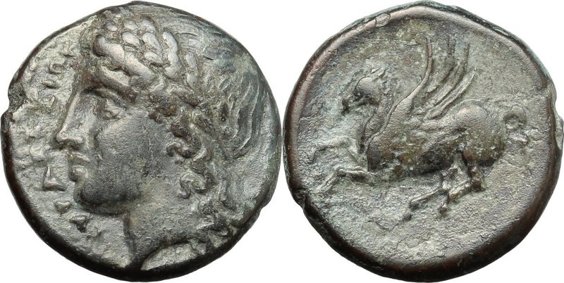 Sicily. Syracuse. Agathokles (317-289 BC). AE 18mm. D/ ΣYPAKOΣIΩN. Head of Apoll...