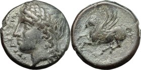 Sicily. Syracuse. Agathokles (317-289 BC). AE 18mm. D/ ΣYPAKOΣIΩN. Head of Apollo left. R/ Pegasos flying left. SNG ANS 644-63. AE. g. 5.48 mm. 18.00 ...