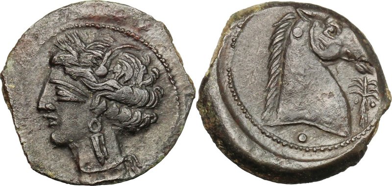 Punic Sardinia. AE 19 mm. c. 300-264 BC. D/ Head of Kore left, wearing wreath of...