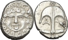Continental Greece. Thrace, Apollonia Pontika. AR Drachm, c. 480-450 BC. D/ Facing gorgoneion. R/ Upright anchor. A to left, crayfish to right. SNG BM...
