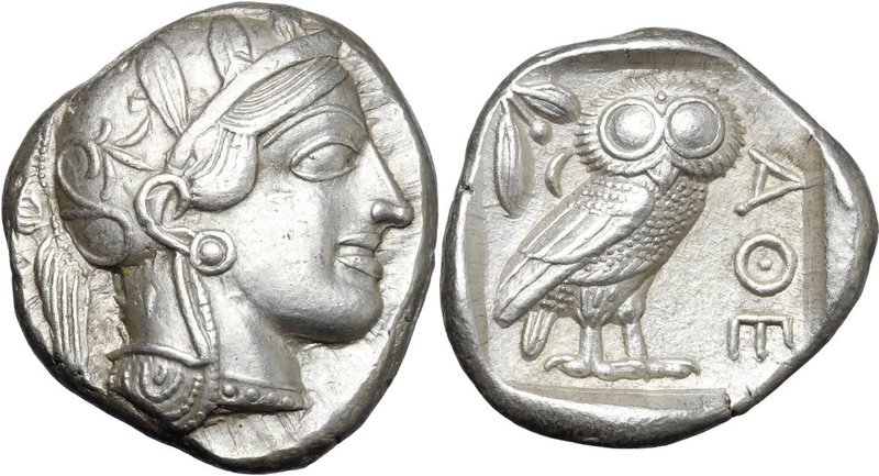 Continental Greece. Attica, Athens. AR Tetradrachm, c. 454-404 BC. D/ Helmeted h...