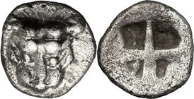 Greek Asia. Cimmerian Bosporos, Pantikapaion. AR Obol, c. 480-470 BC. D/ Facing lion's head. R/ Quadripartite incuse square. SNG BM Black Sea 837; HGC...