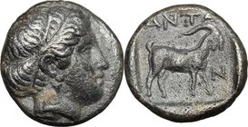 Greek Asia. Troas, Antandros. AR Drachm, late 5th century BC. D/ Head of female (Artemis Astyrene?) right. R/ ANTA / N. Goat standing right within inc...