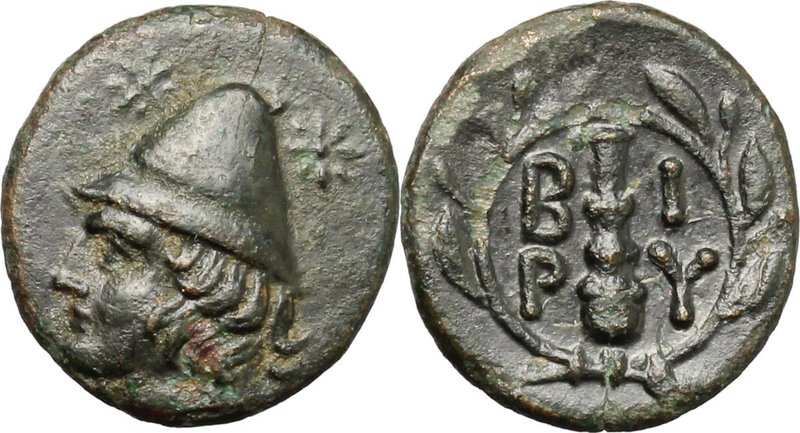 Greek Asia. Troas, Birytis. AE 11 mm. c. 350 BC. D/ Head of Kabeiros left, weari...