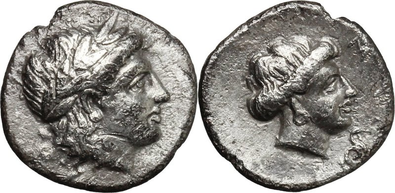 Greek Asia. Lesbos, Mytilene. AR Diobol, c. 400-350 BC. D/ Laureate head of Apol...