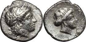 Greek Asia. Lesbos, Mytilene. AR Diobol, c. 400-350 BC. D/ Laureate head of Apollo right. R/ Female head right, snake before. Cf. SNG Cop. 367-9; HGC ...