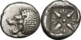 Greek Asia. Ionia, Miletos. AR Obol or Hemihekte (late 6th-early 5th centuries BC). D/ Forepart of lion right, head left. R/ Stellate pattern within i...