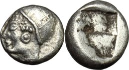 Greek Asia. Ionia, Phokaia. AR Diobol, c. 5th century BC. D/ Head of Athena (?) left, wearing close-fitting helmet and earring. R/ Irregular incuse. S...
